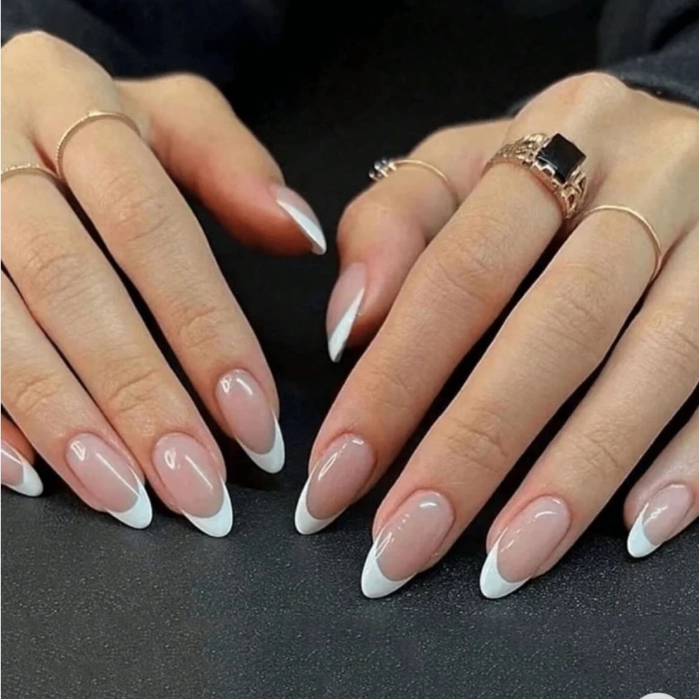 Glamorous  24pcs Almond Shaped White French Style Press On Nails WITH GLUE